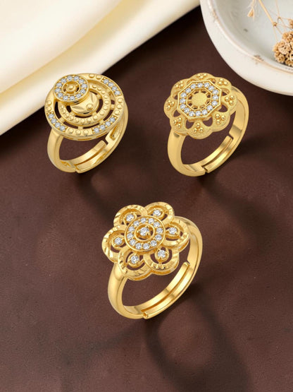 Gold Plated Adjustable Combo of 3 Rings for Women