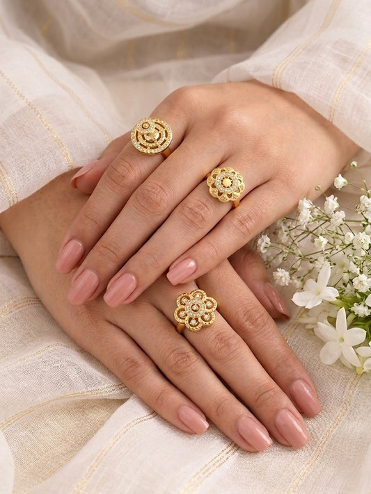 Gold Plated Adjustable Combo of 3 Rings for Women