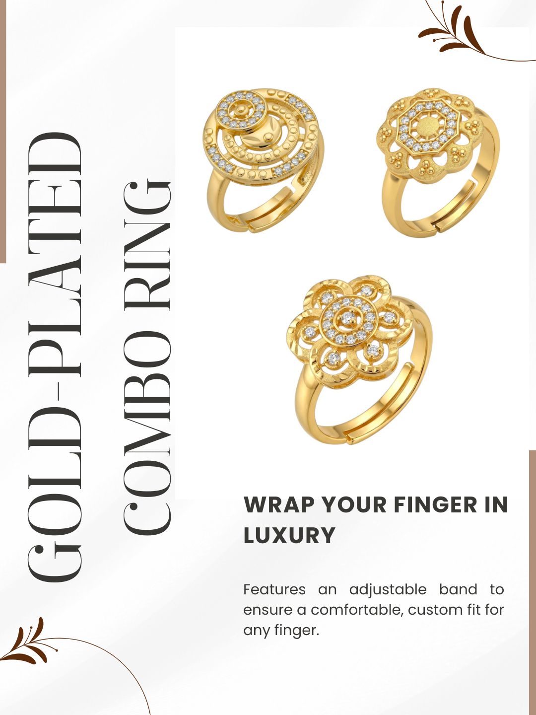 Gold Plated Adjustable Combo of 3 Rings for Women