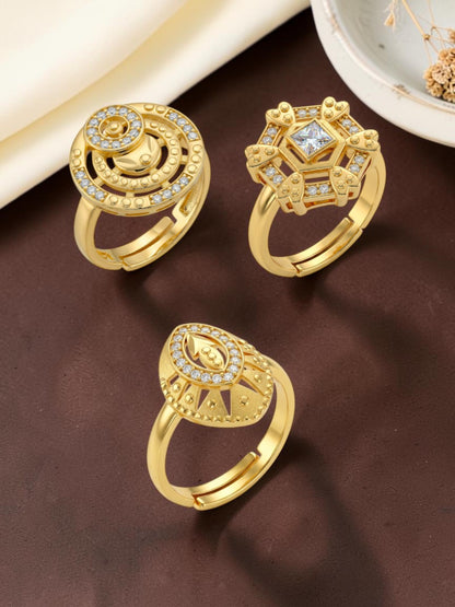 Gold Plated Adjustable Combo of 3 Rings for Women