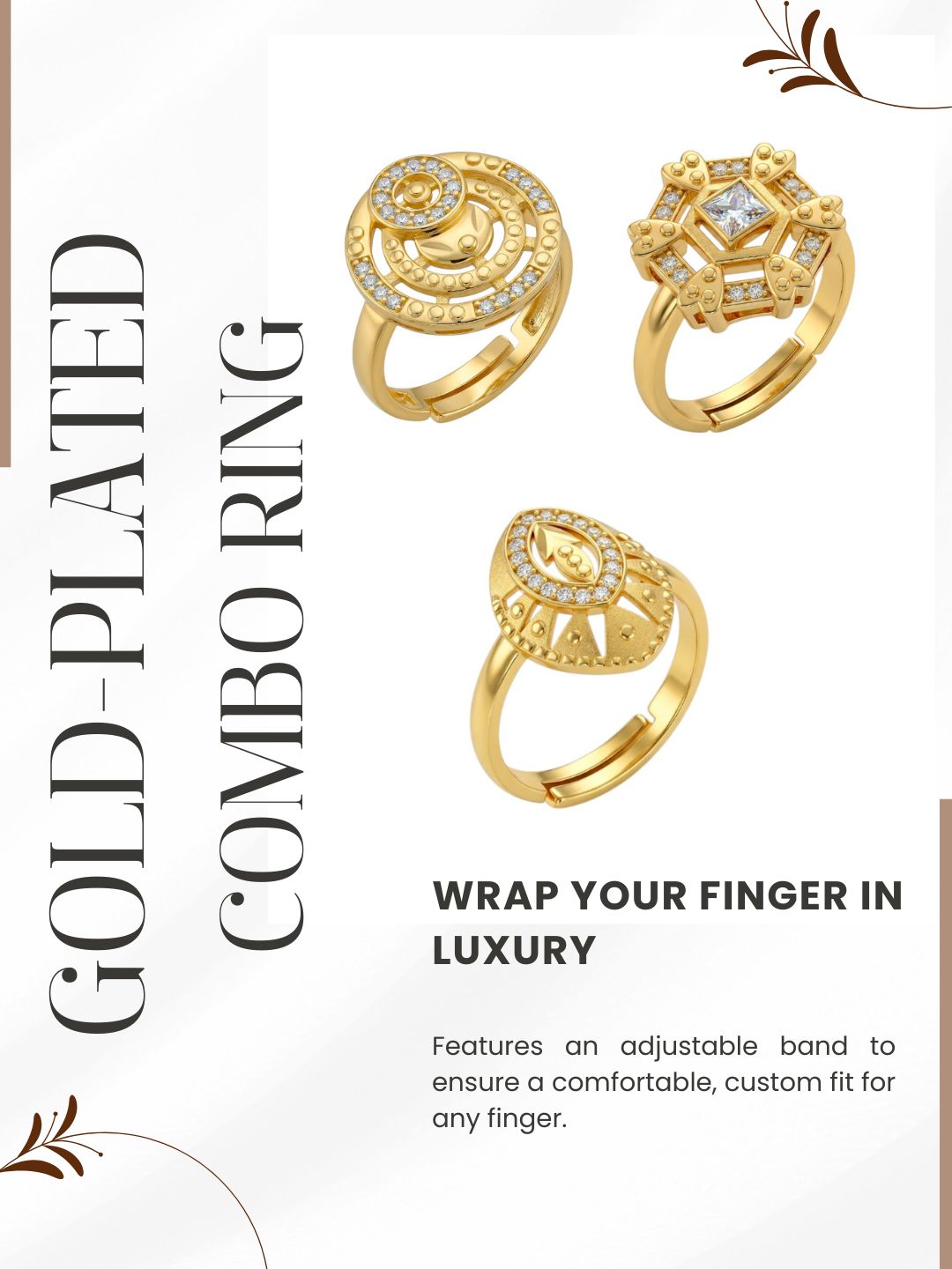 Gold Plated Adjustable Combo of 3 Rings for Women