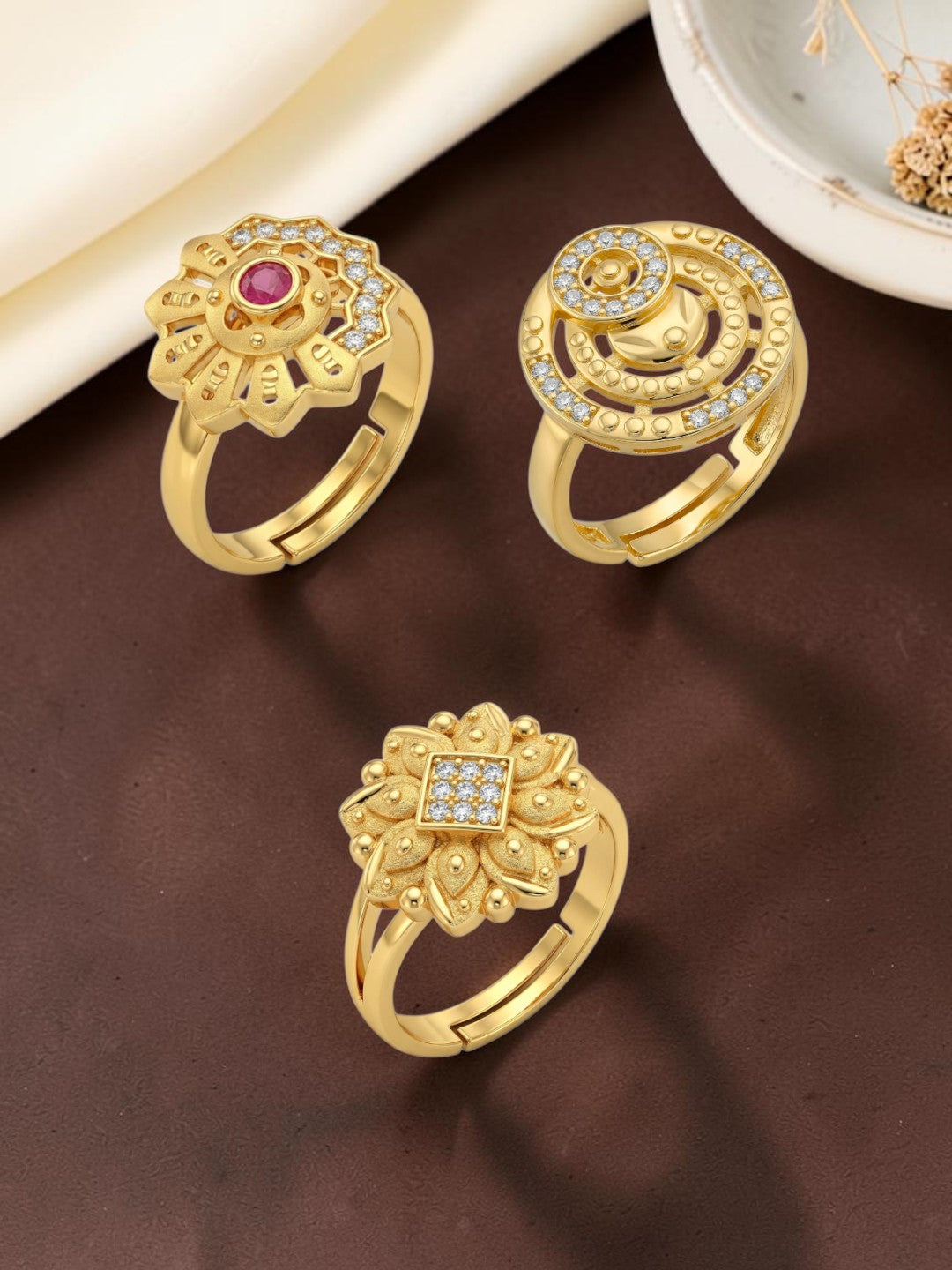 Gold Plated Adjustable Combo of 3 Rings for Women
