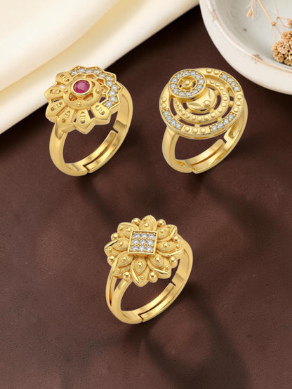 Gold Plated Adjustable Combo of 3 Rings for Women