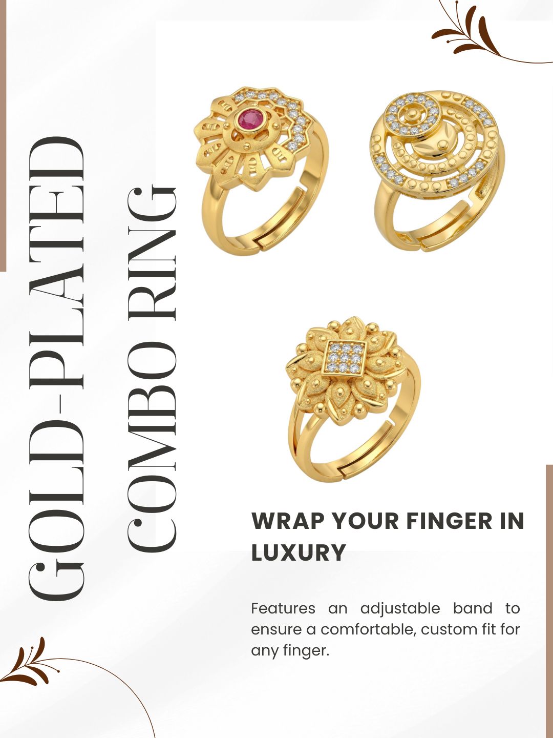 Gold Plated Adjustable Combo of 3 Rings for Women