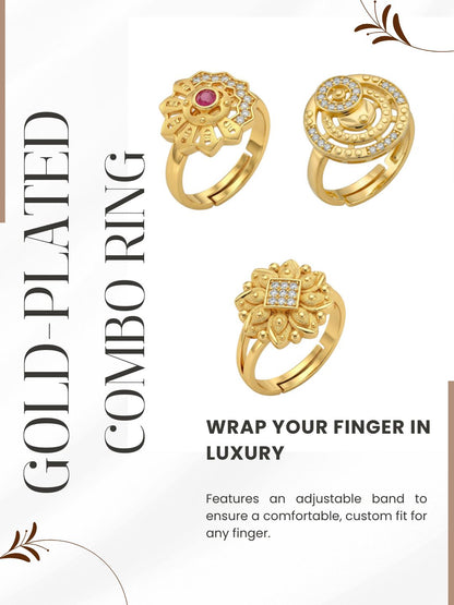 Gold Plated Adjustable Combo of 3 Rings for Women