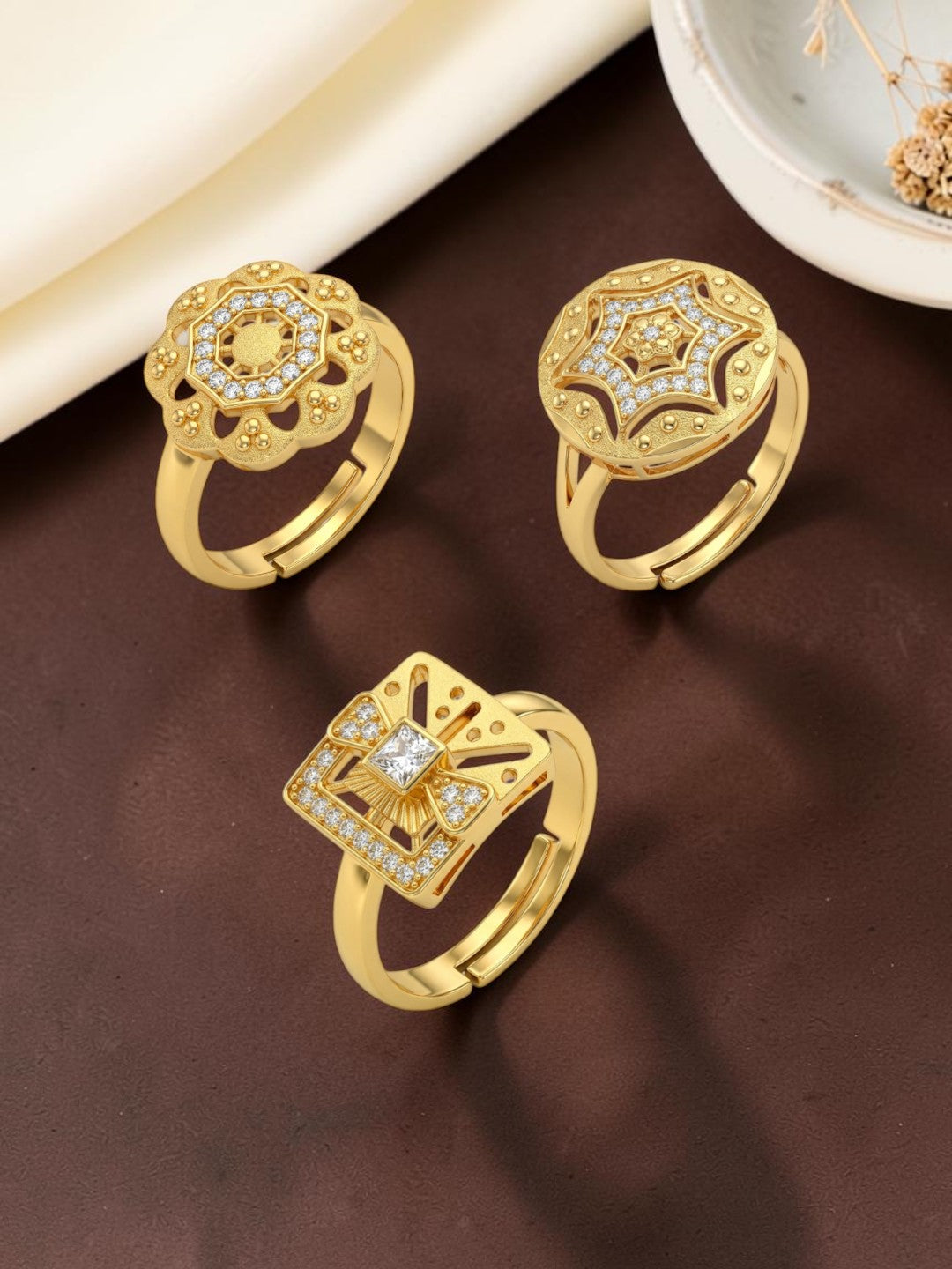 Gold Plated Adjustable Combo of 3 Rings for Women