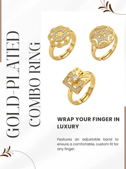 Gold Plated Adjustable Combo of 3 Rings for Women