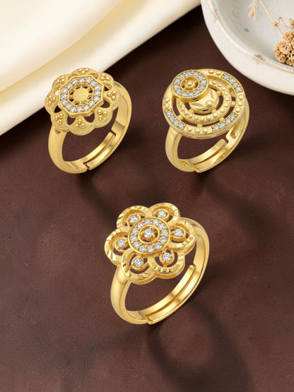 Gold Plated Adjustable Combo of 3 Rings for Women