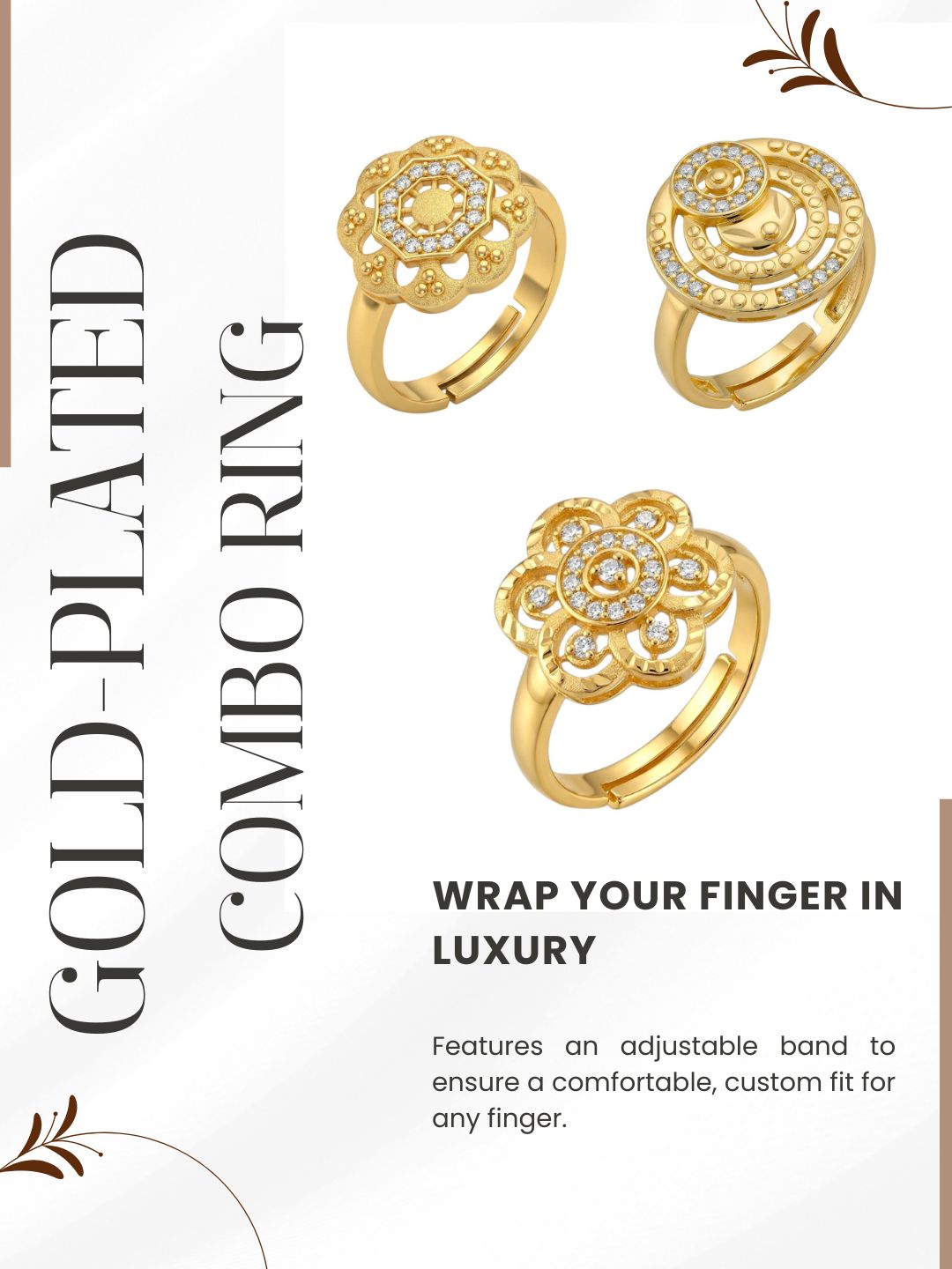 Gold Plated Adjustable Combo of 3 Rings for Women