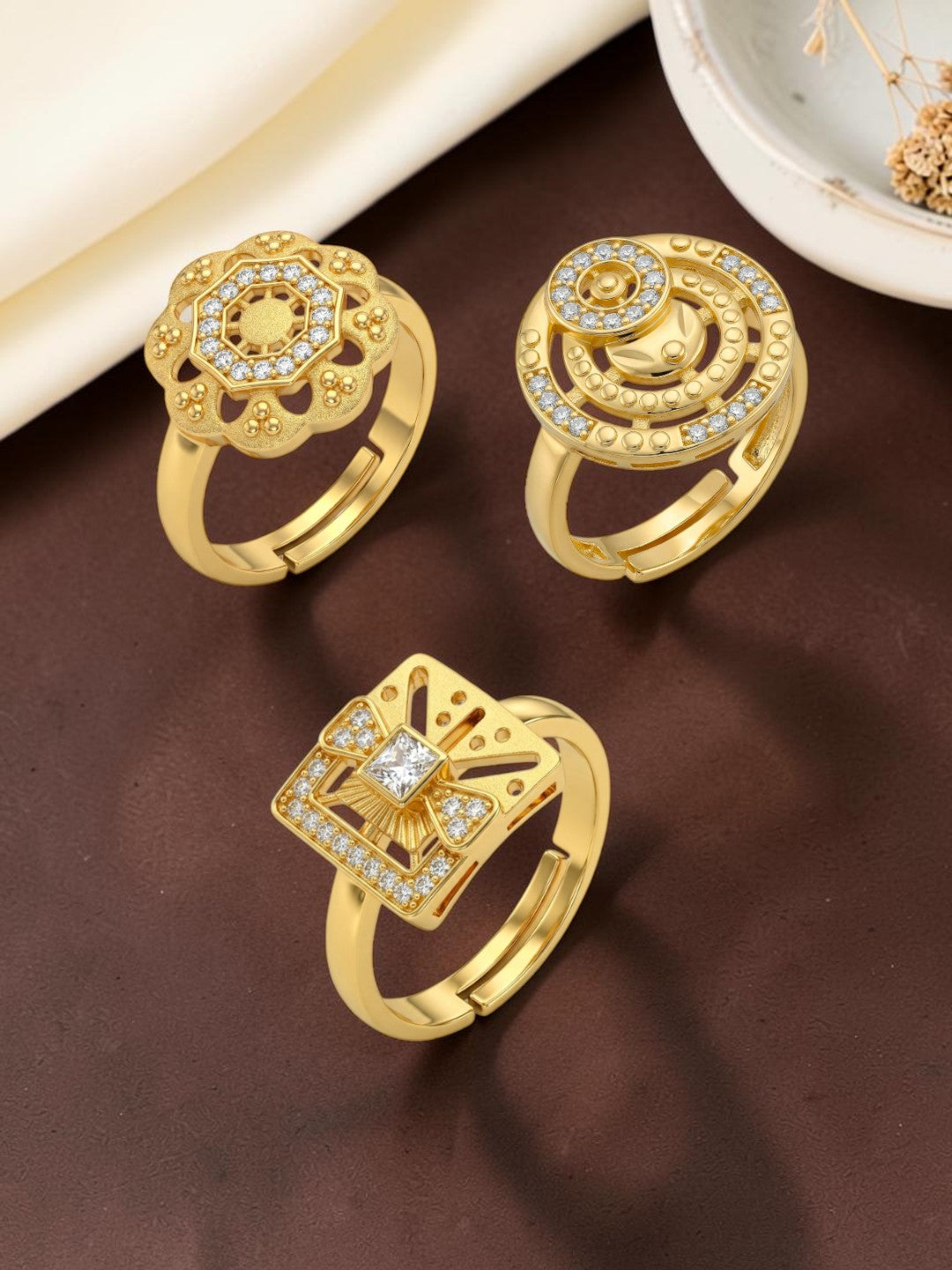 Gold Plated Adjustable Combo of 3 Rings for Women
