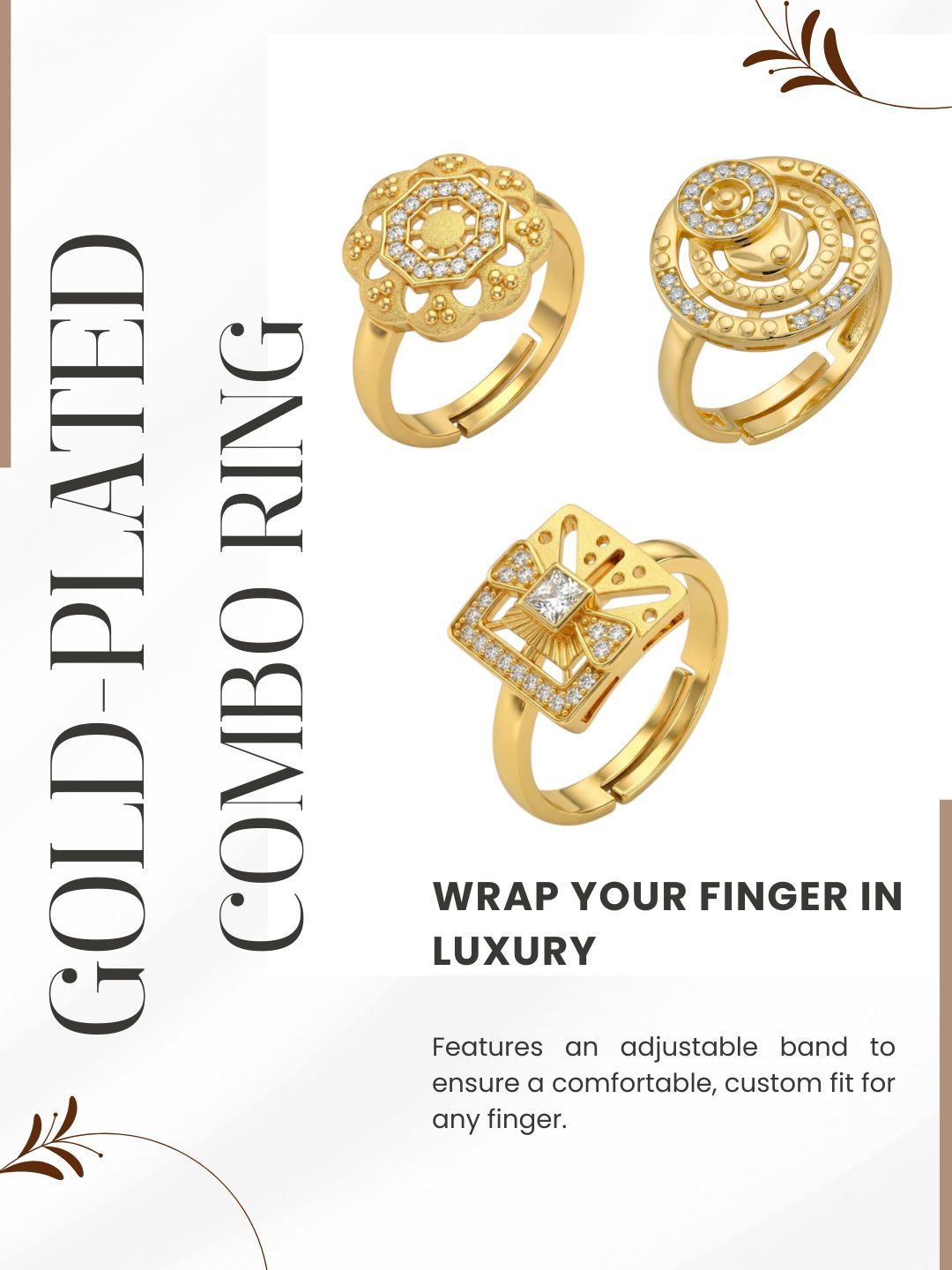 Gold Plated Adjustable Combo of 3 Rings for Women