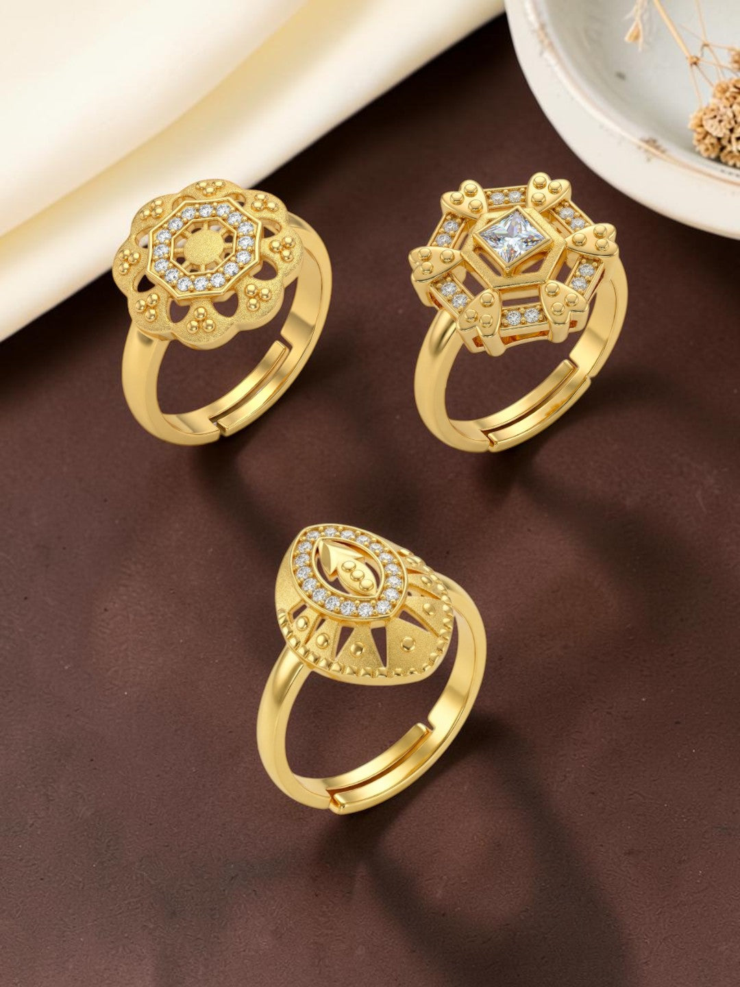 Gold Plated Adjustable Combo of 3 Rings for Women