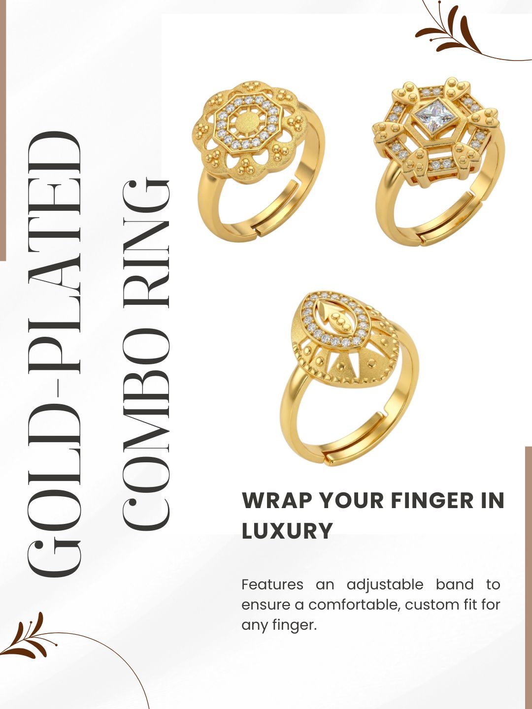 Gold Plated Adjustable Combo of 3 Rings for Women
