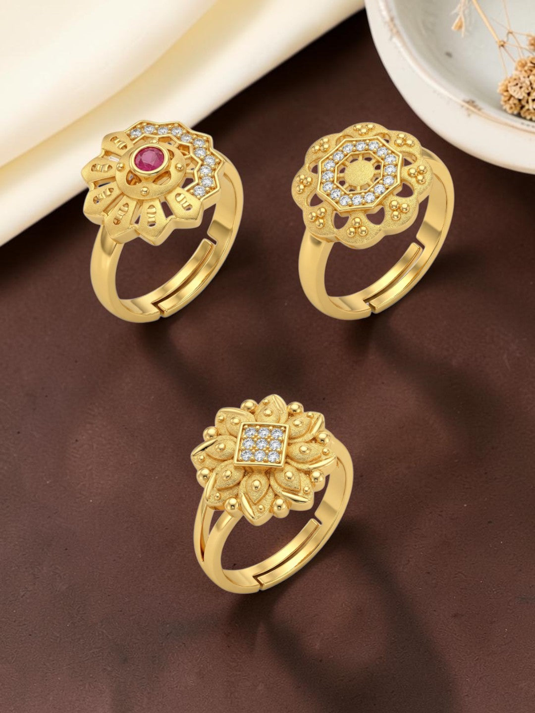 Gold Plated Adjustable Combo of 3 Rings for Women