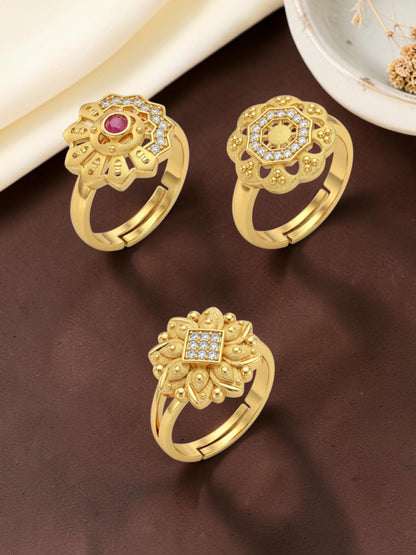 Gold Plated Adjustable Combo of 3 Rings for Women