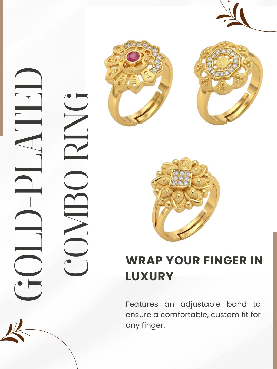 Gold Plated Adjustable Combo of 3 Rings for Women