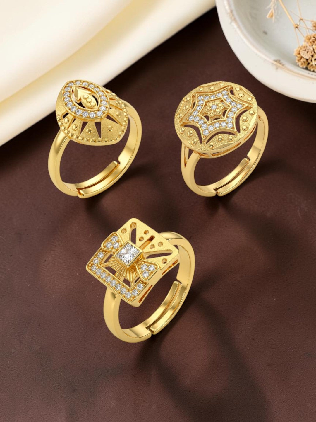 Gold Plated Adjustable Combo of 3 Rings for Women