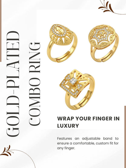 Gold Plated Adjustable Combo of 3 Rings for Women