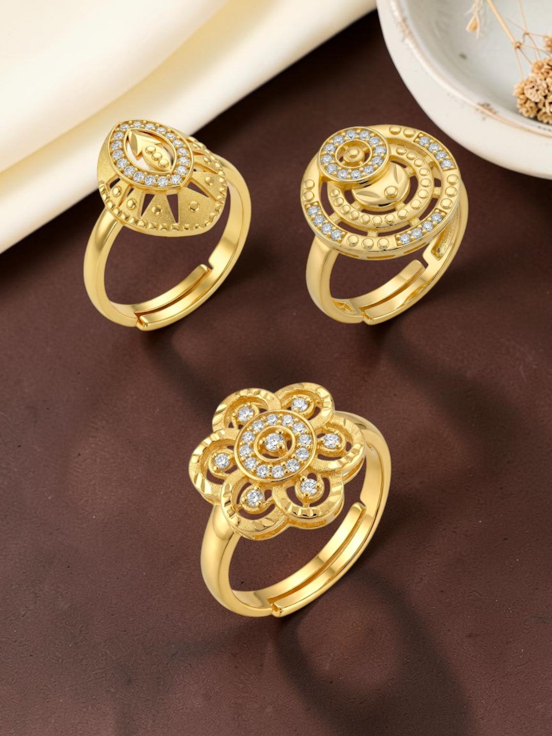 Gold Plated Adjustable Combo of 3 Rings for Women