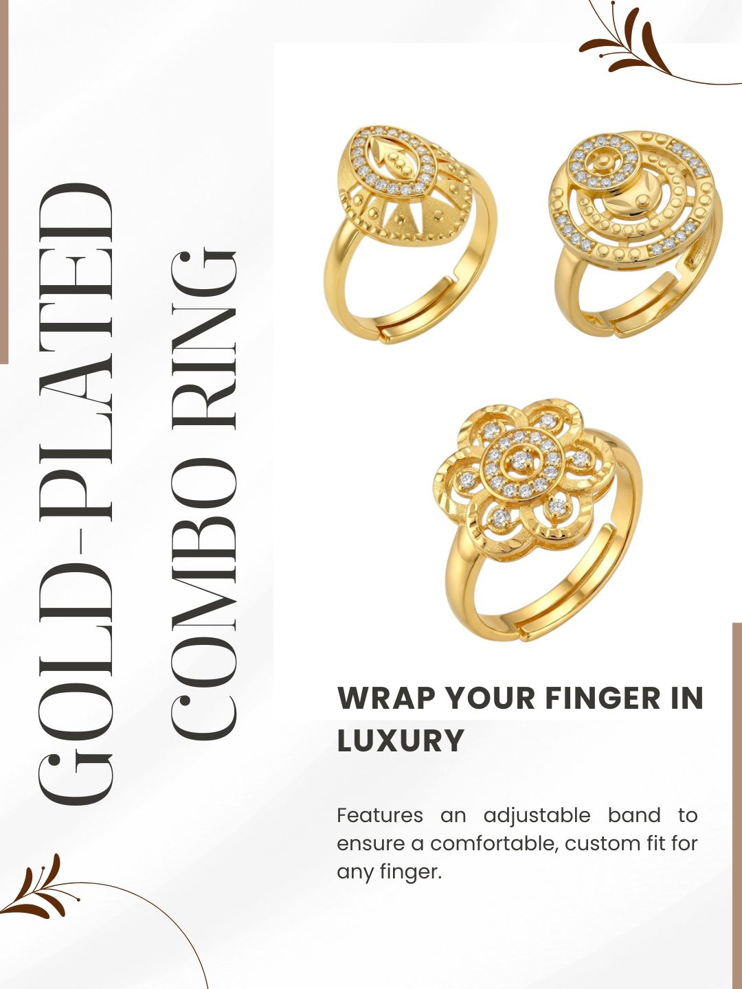 Gold Plated Adjustable Combo of 3 Rings for Women