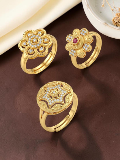 Gold Plated Adjustable Combo of 3 Rings for Women