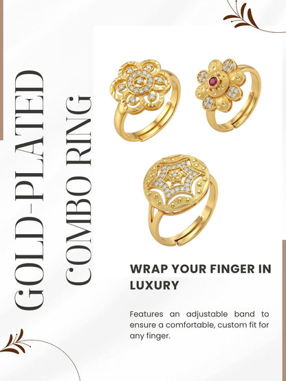 Gold Plated Adjustable Combo of 3 Rings for Women