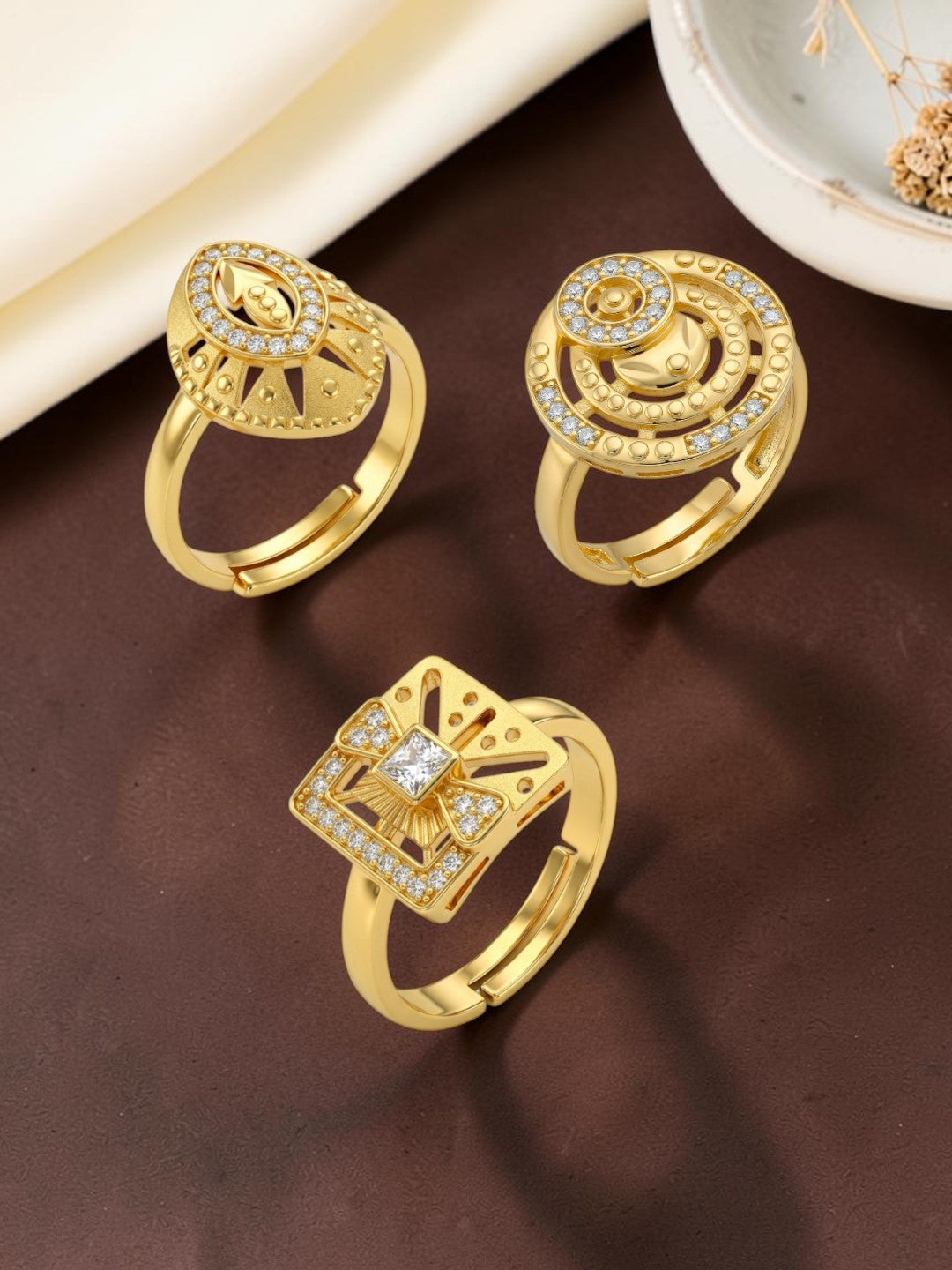Gold Plated Adjustable Combo of 3 Rings for Women