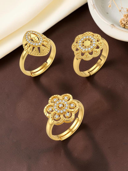 Gold Plated Adjustable Combo of 3 Rings for Women
