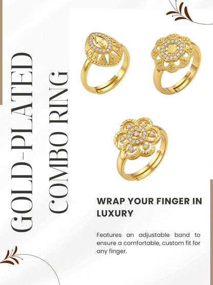 Gold Plated Adjustable Combo of 3 Rings for Women