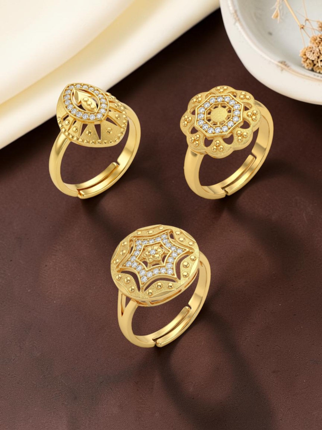 Gold Plated Adjustable Combo of 3 Rings for Women
