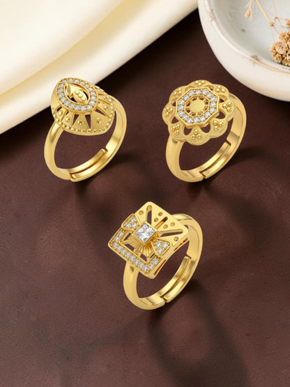 Gold Plated Adjustable Combo of 3 Rings for Women