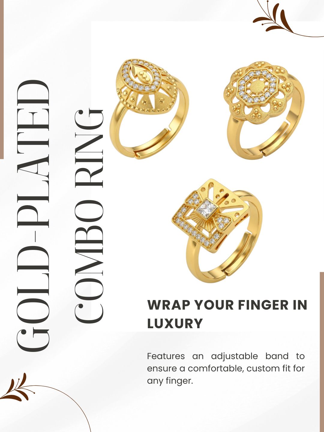 Gold Plated Adjustable Combo of 3 Rings for Women