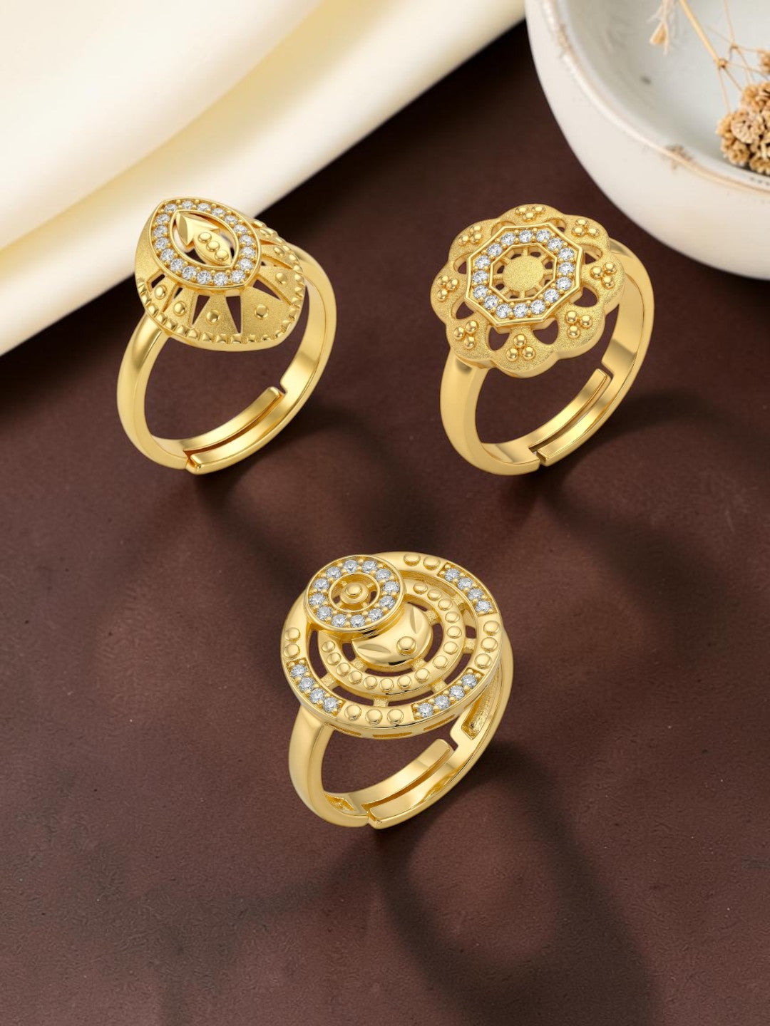 Gold Plated Adjustable Combo of 3 Rings for Women