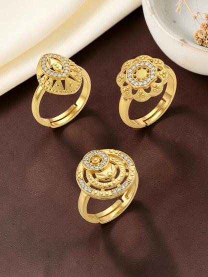 Gold Plated Adjustable Combo of 3 Rings for Women