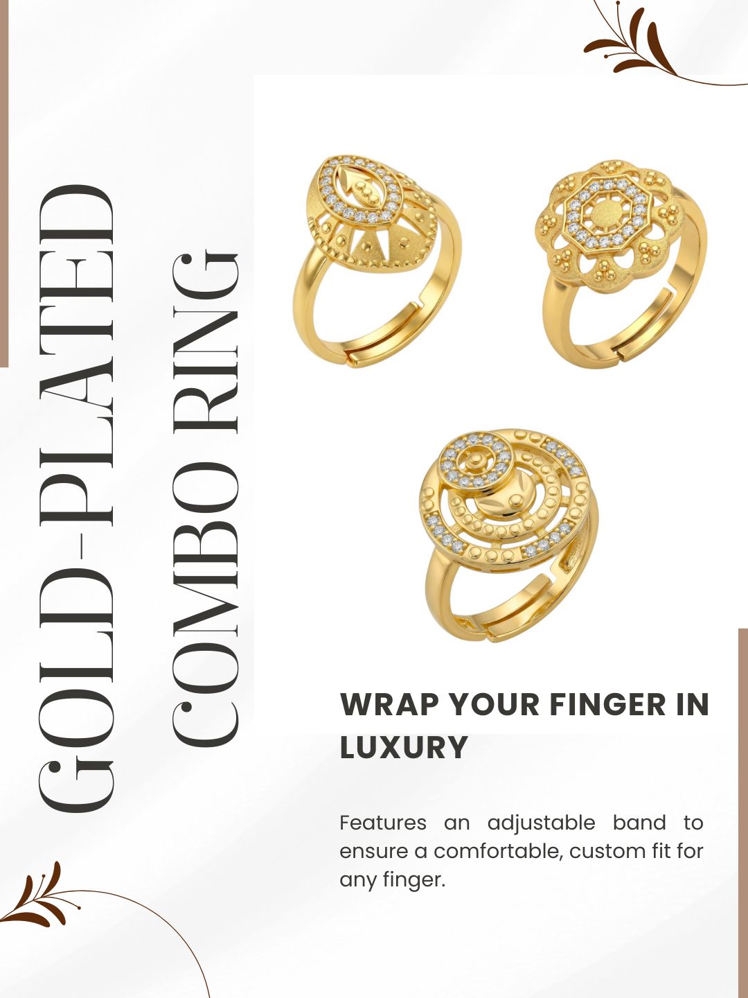 Gold Plated Adjustable Combo of 3 Rings for Women