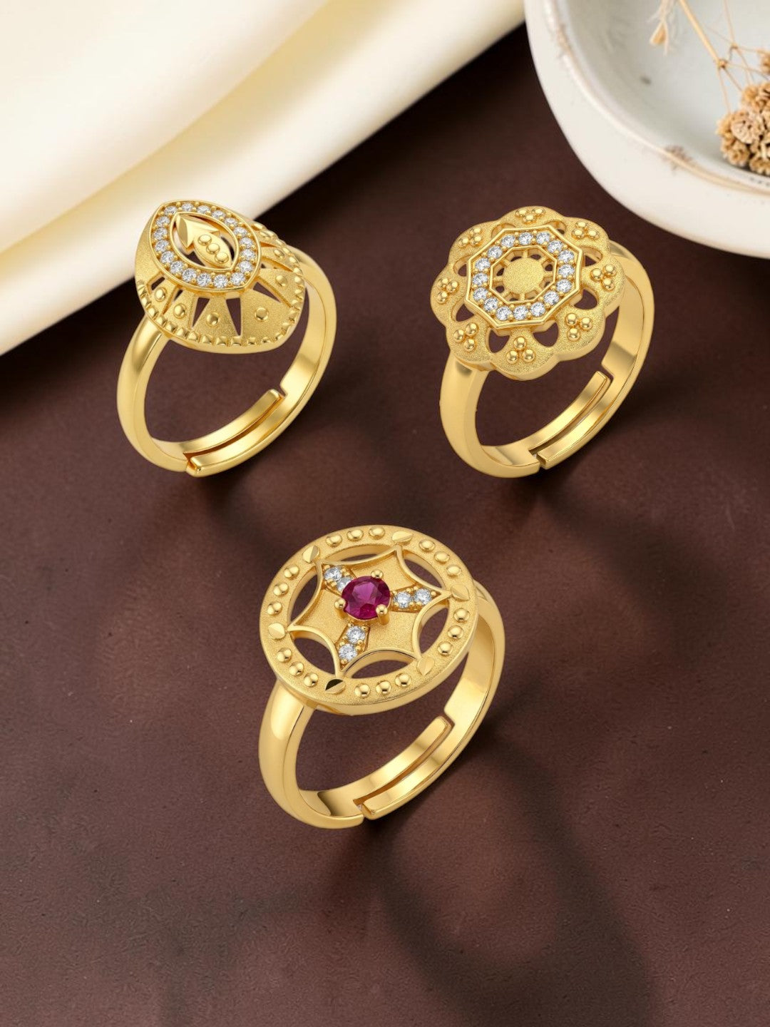 Gold Plated Adjustable Combo of 3 Rings for Women