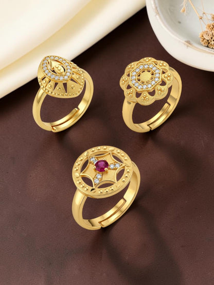 Gold Plated Adjustable Combo of 3 Rings for Women