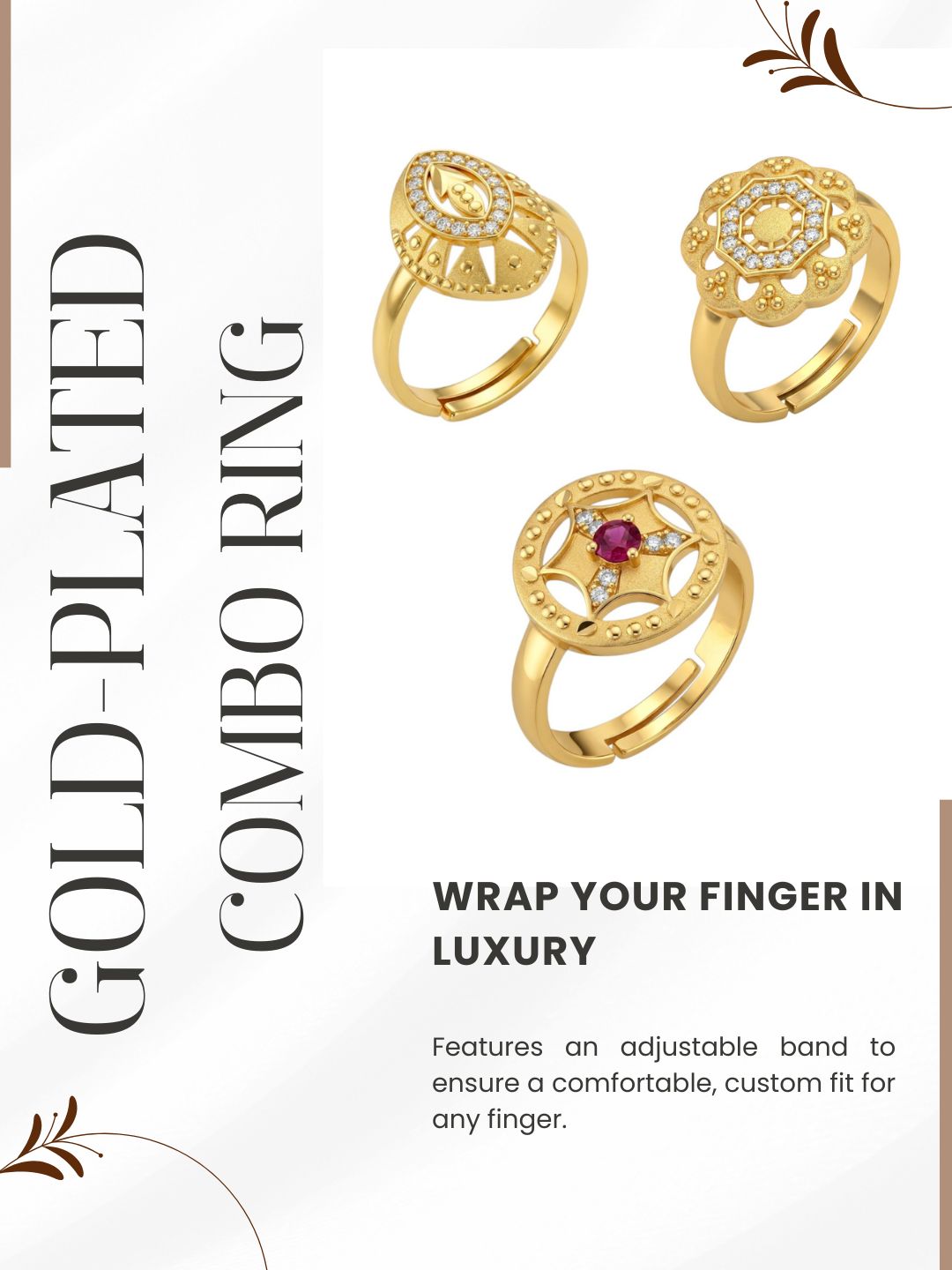 Gold Plated Adjustable Combo of 3 Rings for Women