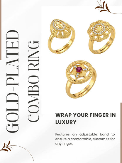 Gold Plated Adjustable Combo of 3 Rings for Women