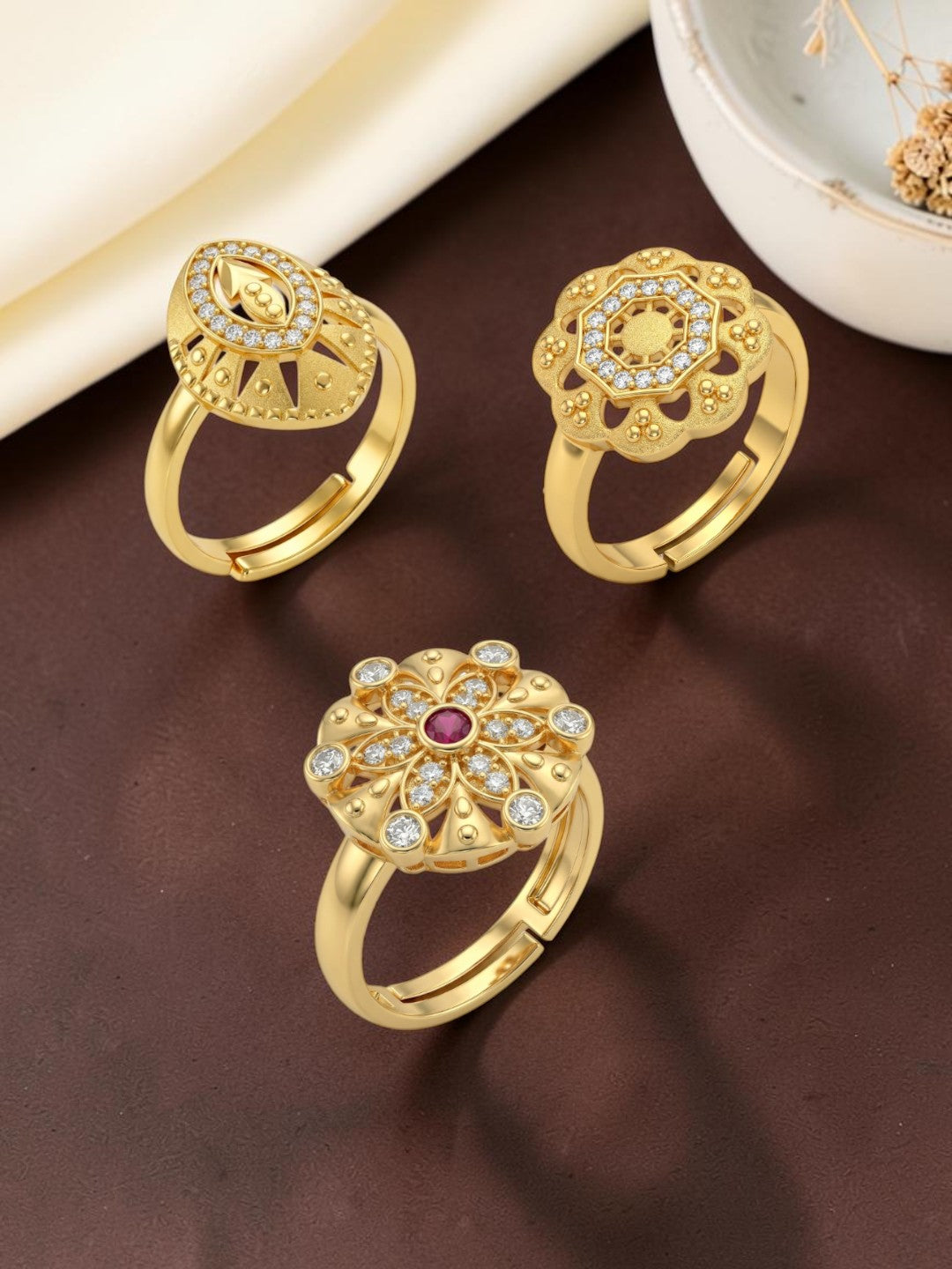 Gold Plated Adjustable Combo of 3 Rings for Women