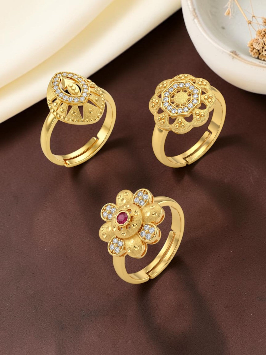 Gold Plated Adjustable Combo of 3 Rings for Women