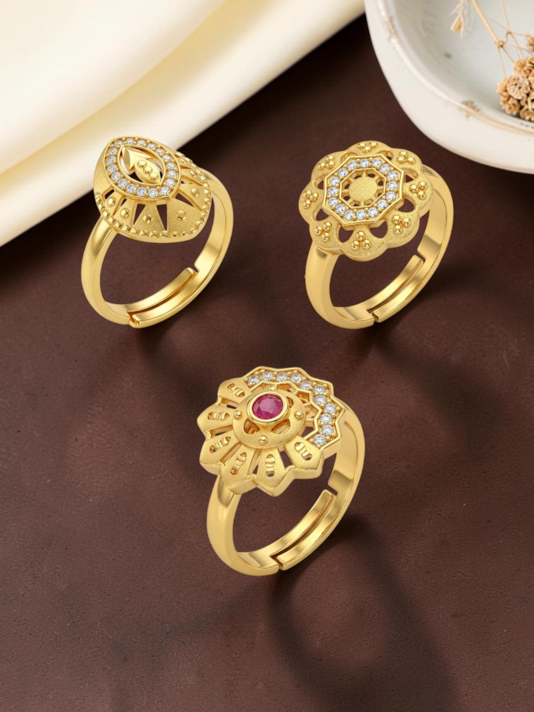 Gold Plated Adjustable Combo of 3 Rings for Women