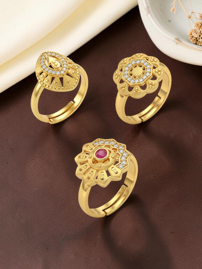 Gold Plated Adjustable Combo of 3 Rings for Women