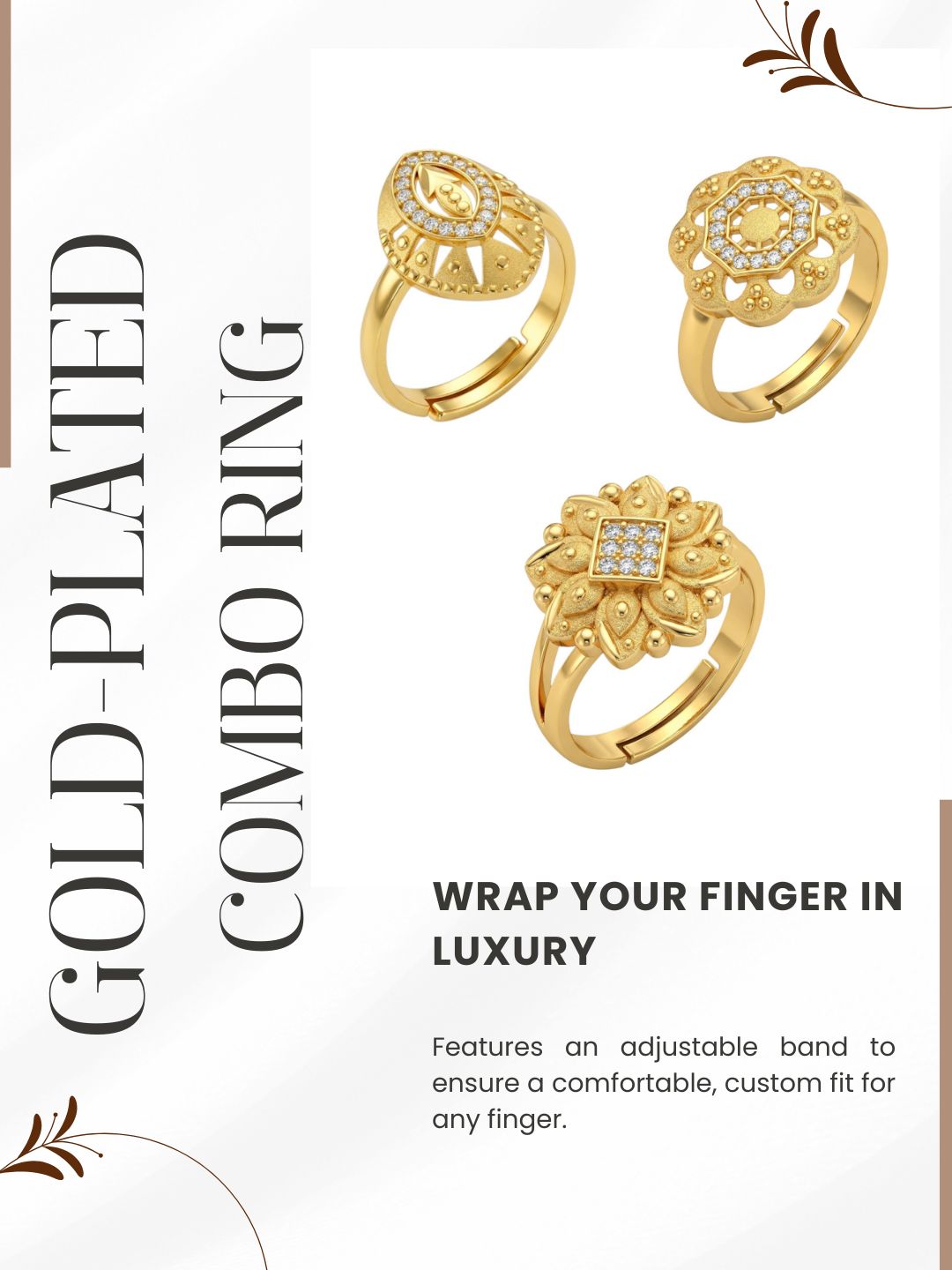 Gold Plated Adjustable Combo of 3 Rings for Women