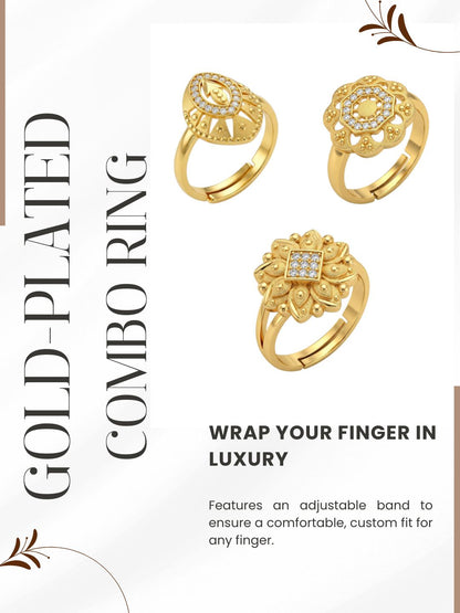 Gold Plated Adjustable Combo of 3 Rings for Women