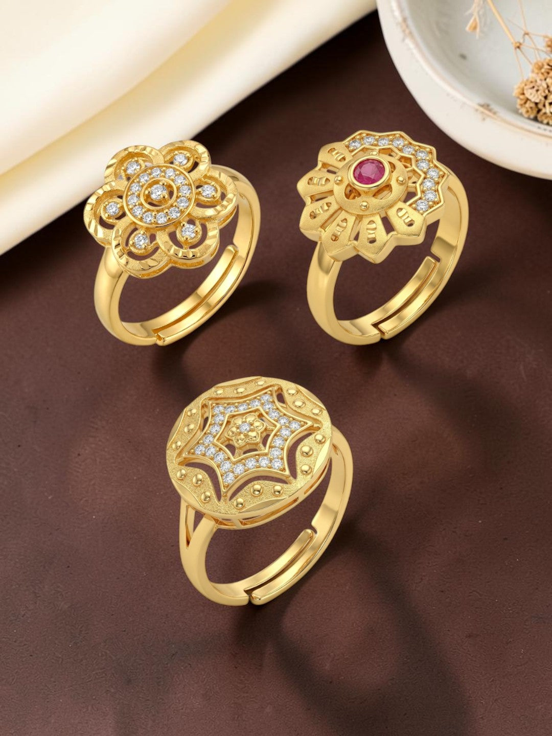 Gold Plated Adjustable Combo of 3 Rings for Women
