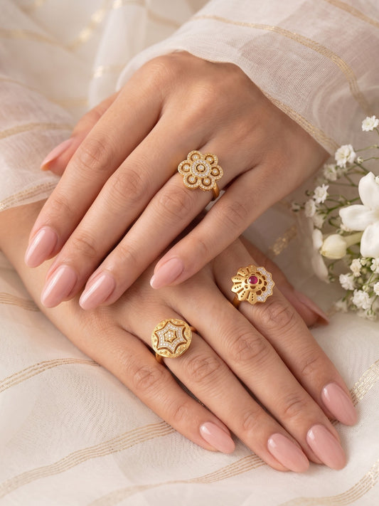Gold Plated Adjustable Combo of 3 Rings for Women