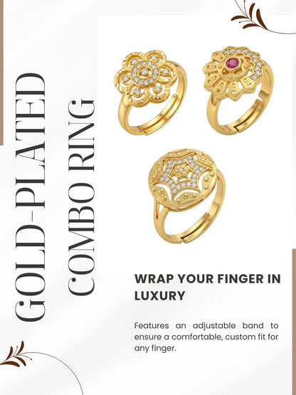 Gold Plated Adjustable Combo of 3 Rings for Women