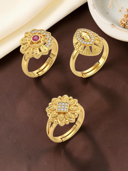 Gold Plated Adjustable Combo of 3 Rings for Women