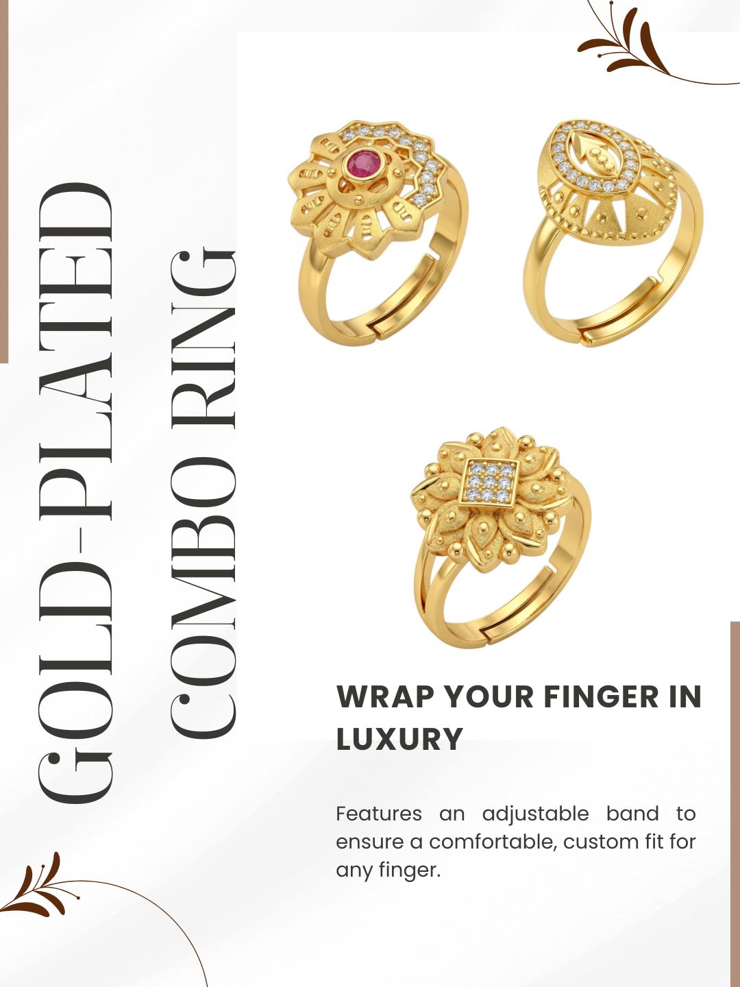Gold Plated Adjustable Combo of 3 Rings for Women